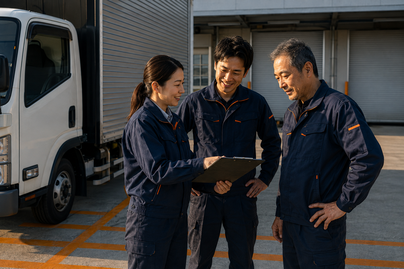 トラックの横で配送の段取りを確認する架空の仲間たち。AI生成イメージ。